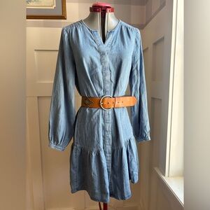 LOFT Light Blue Denim Tiered Button-Front Dress Small